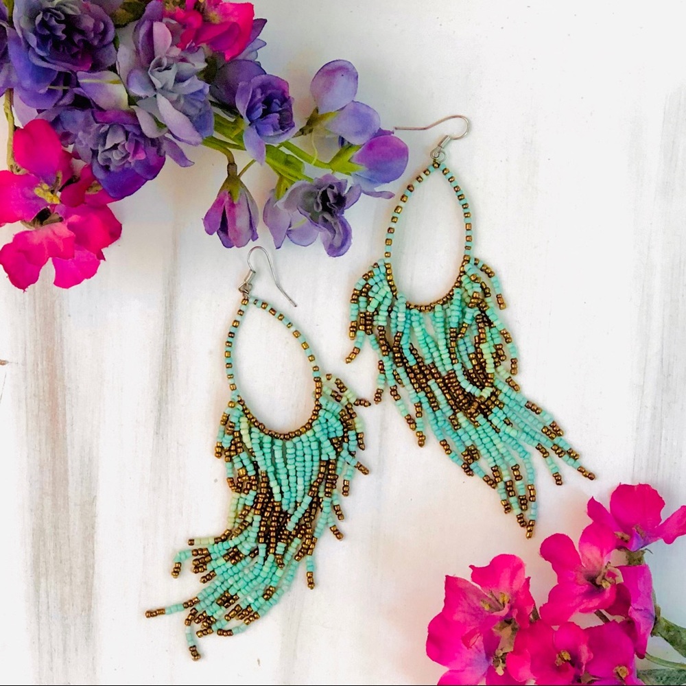 Long Turquoise Beaded Open-Drop Statement Earrings